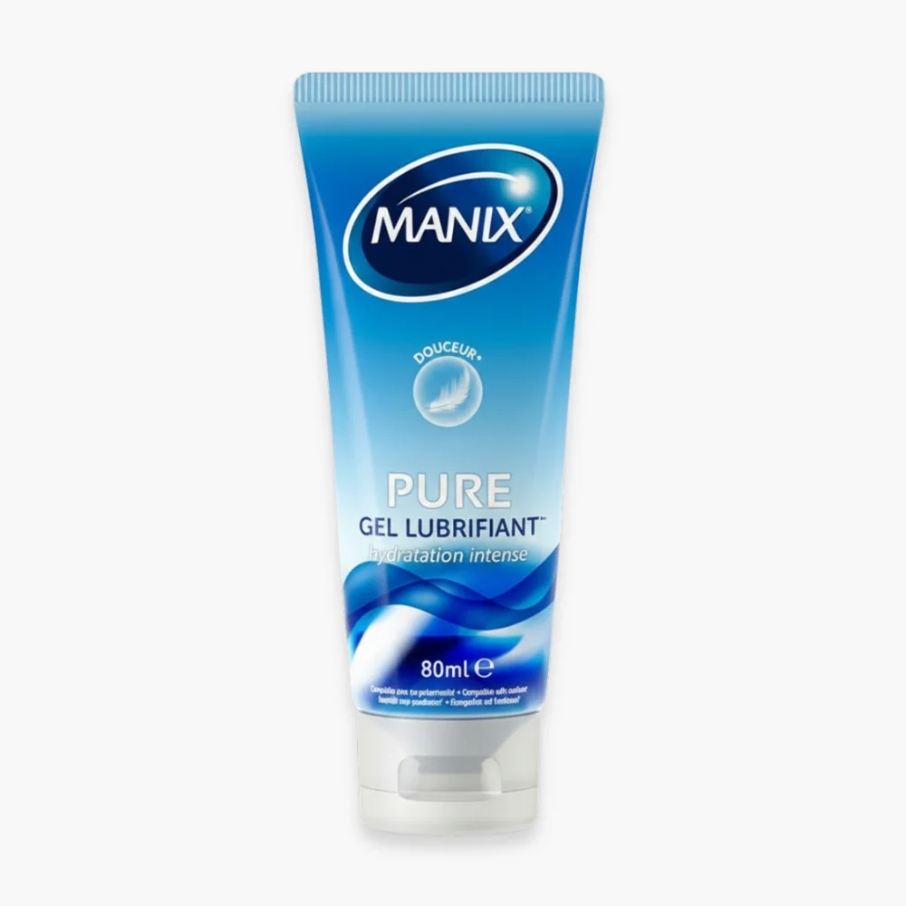 manix-gel-lubrifiant-pure-hydratation-intense-80ml.jpg Tube bleu Manix Pure gel lubrifiant hydratation intense 80ml, fond blanc