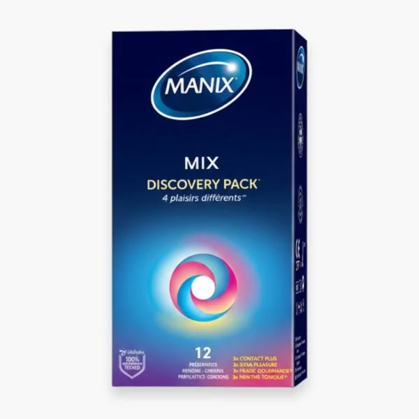 Manix Préservatif Mix Discovery Pack (Contact Plus, Xtra Pleasure, Fraise Gourmande & Menthe Tonique) 12u