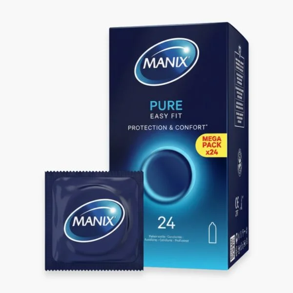 Boîte Manix Pure Easy Fit 24 préservatifs et sachet individuel devant