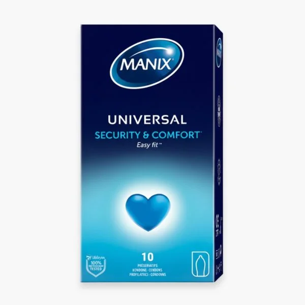 Boîte Manix Universal Security Comfort Easy-Fit avec 10 préservatifs, fond blanc