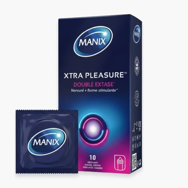 Boîte et préservatif emballé Manix Xtra Pleasure Double Extase nervuré, 10 unités