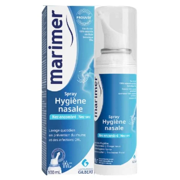 Boîte et flacon Marimer spray hygiène nasale quotidienne, nez encombré et sec