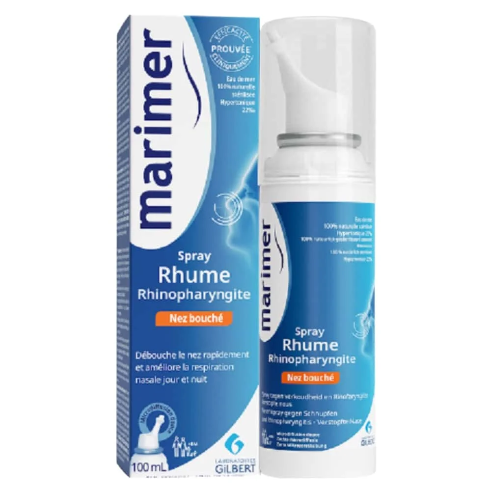 marimer-spray-rhume-rhinopharyngite-nez-bouche-100ml.jpg Boîte et flacon Marimer spray rhume rhinopharyngite, nez bouché, 100ml