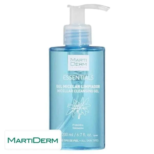 Flacon-pompe bleu MartiDerm Essentials gel micellaire nettoyant 200 ml