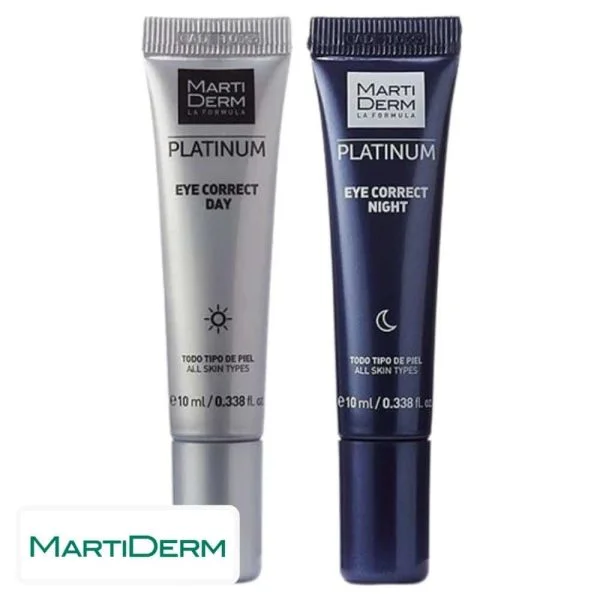 Deux tubes MartiDerm Platinum Eye Correct, jour argenté et nuit bleu marine