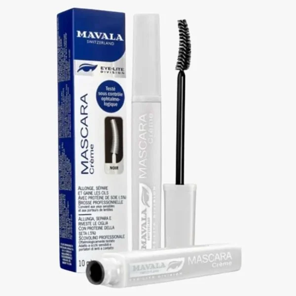 Étui bleu Mavala Eye-Lite mascara crème noir et brosse