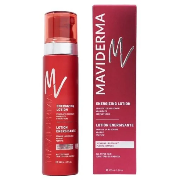 Flacon spray rouge Maviderma lotion énergisante 100 ml et sa boîte