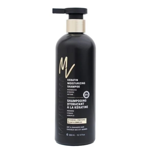 Flacon-pompe noir Maviderma shampooing hydratant à la kératine 300 ml