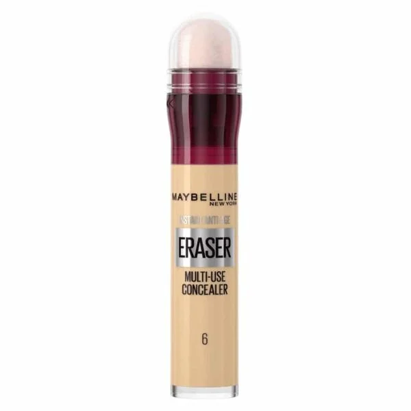 Tube anticerne Maybelline Eraser teinte 6 beige clair, applicateur éponge visible