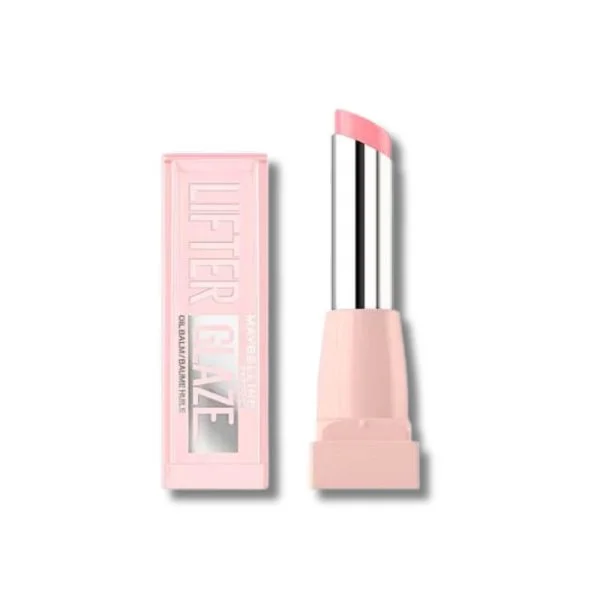 Stick baume rose clair Maybelline Lifter Glaze posé près de son étui