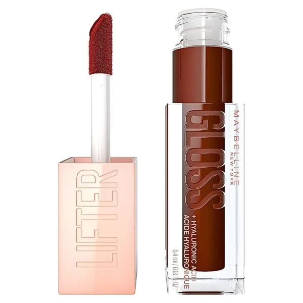 Tube gloss brun chocolat Maybelline Lifter Gloss et applicateur XL incliné