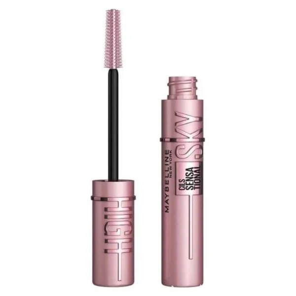 Tube rose nacré de mascara Maybelline Sky High et sa brosse en spirale