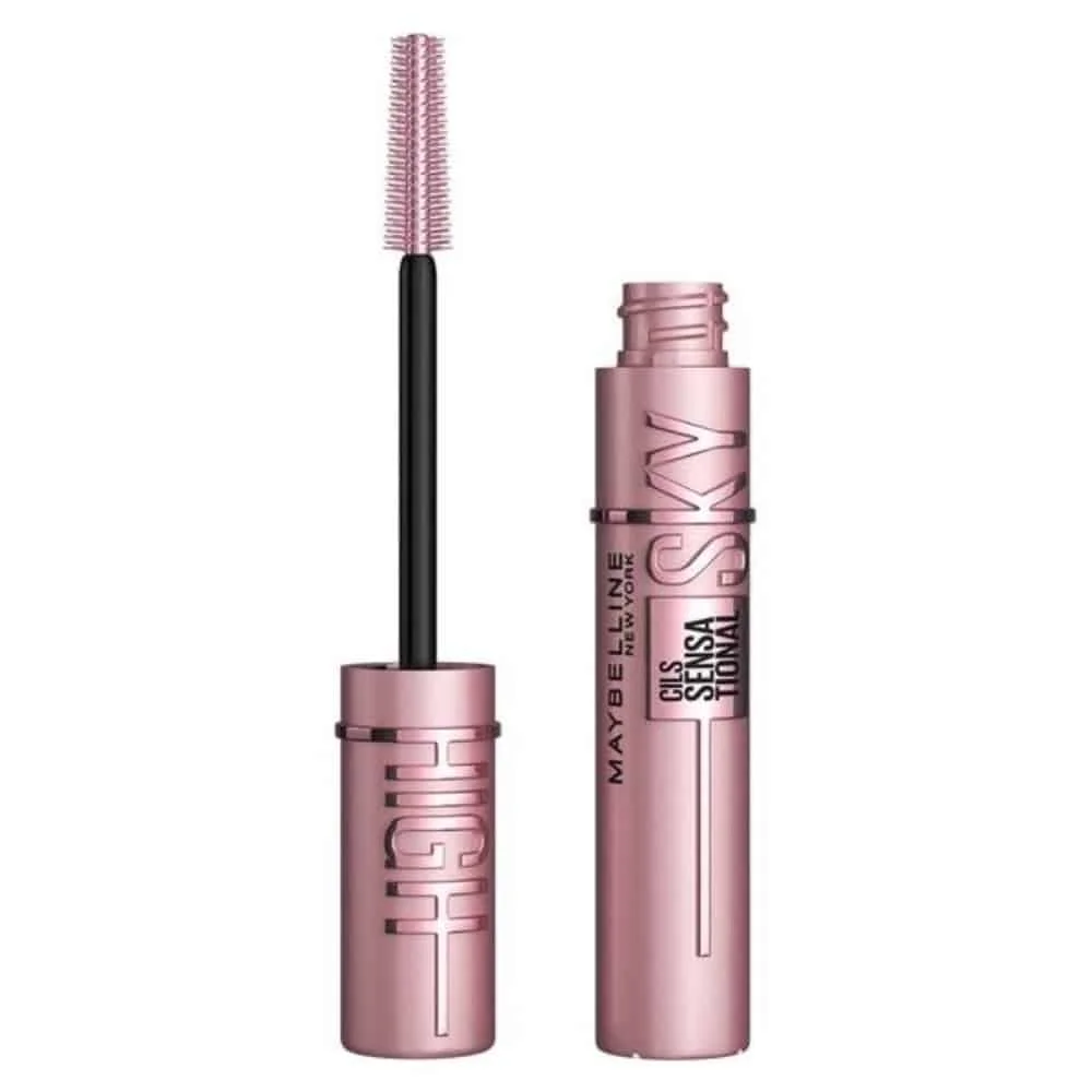maybelline-mascara-cils-sensationnal-sky-high.jpg Tube rose nacré de mascara Maybelline Sky High et sa brosse en spirale
