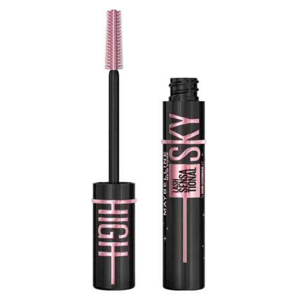 Tube noir de mascara Maybelline Sky High Noir Cosmique et sa brosse rose