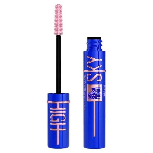 Tube bleu de mascara Maybelline Sky High teinte Blue Mist et brosse rose