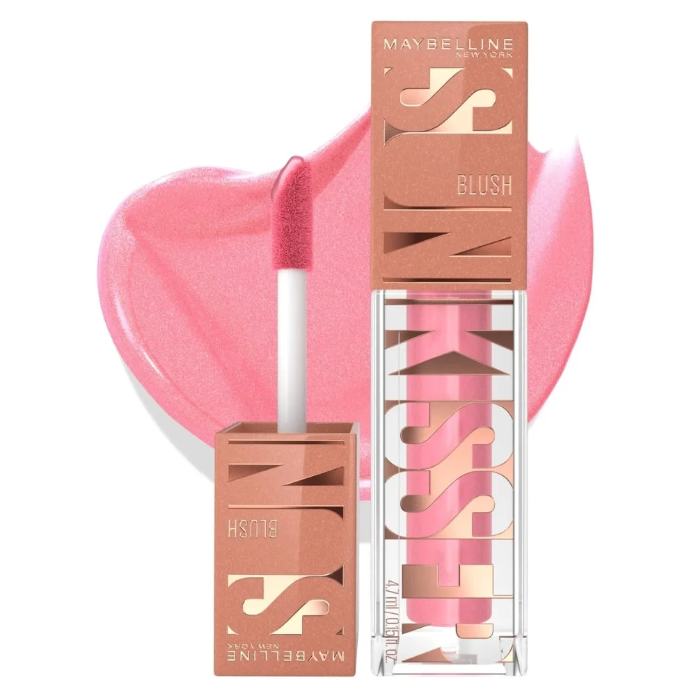 maybelline-sunkisser-05-blush-liquide-lumineux-47ml.jpg Flacon transparent Maybelline Sunkisser blush liquide rose avec applicateur mousse et swatch