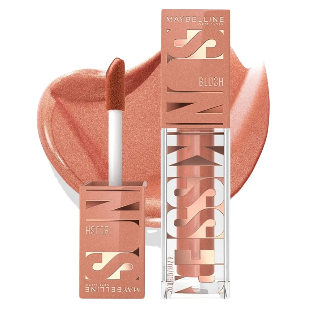 maybelline-sunkisser-blush-liquide-lumineux-08-shades-on-47ml.jpg Flacon Maybelline Sunkisser blush liquide terracotta avec applicateur mousse et swatch nacré