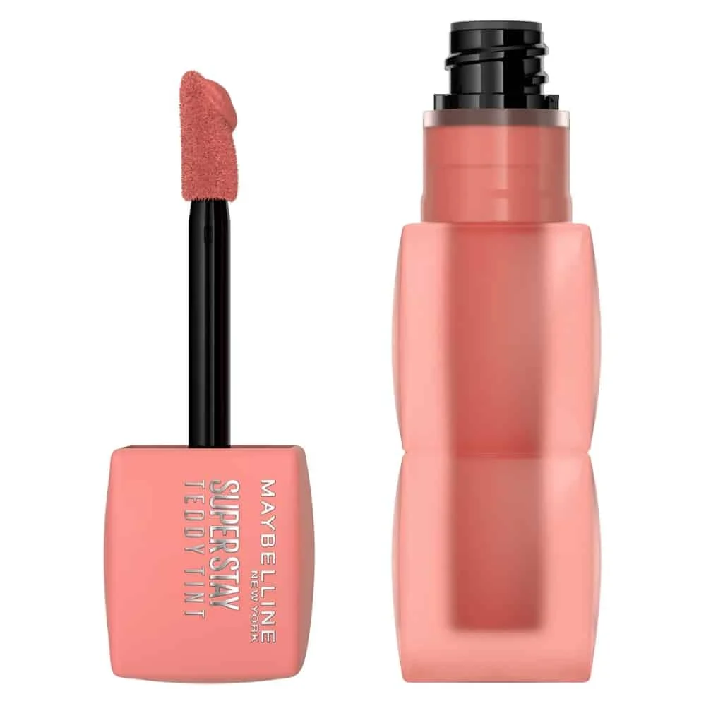 maybelline-superstay-teddy-tint-liquid-lip-tint-10-current-mood-5ml.jpg Flacon Maybelline Superstay Teddy Tint rose nude avec applicateur mousse incliné