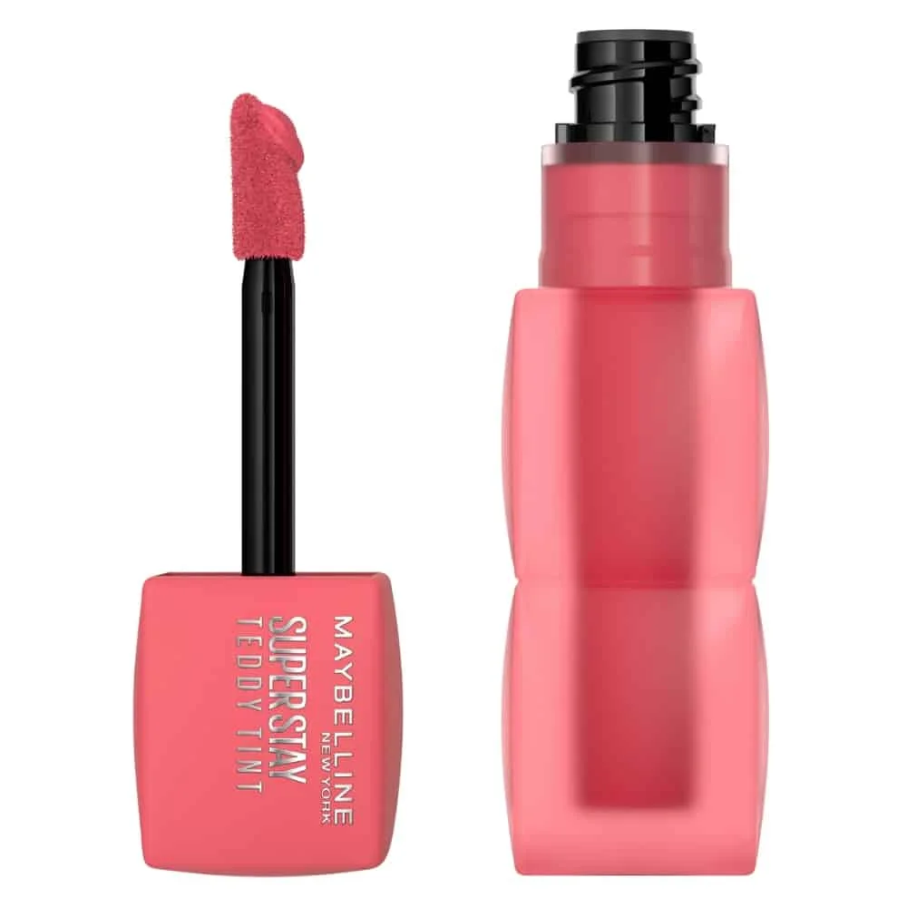 maybelline-superstay-teddy-tint-liquid-lip-tint-40-petalcore-5ml.jpg Flacon Maybelline Superstay Teddy Tint rose framboise avec applicateur mousse incliné