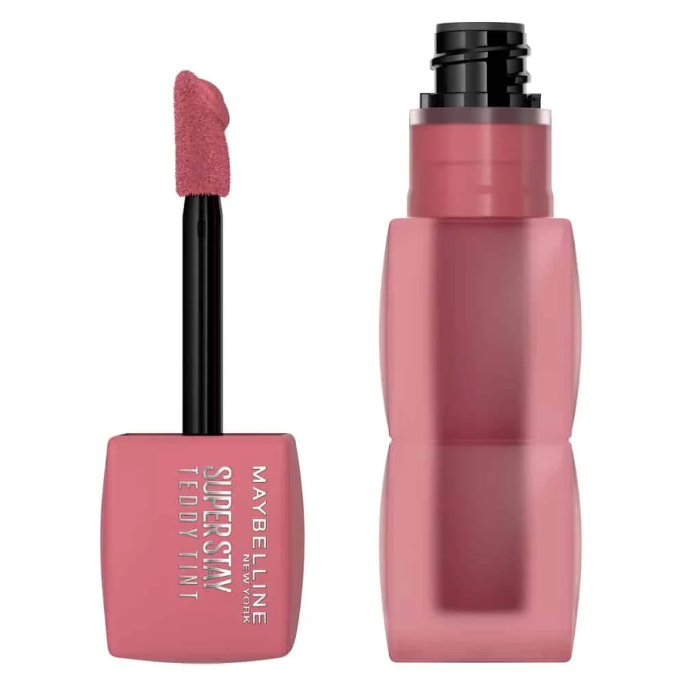maybelline-superstay-teddy-tint-liquid-lip-tint-55-kneehigh-5ml.jpg Flacon rose poudré Maybelline SuperStay Teddy Tint avec applicateur mousse plat