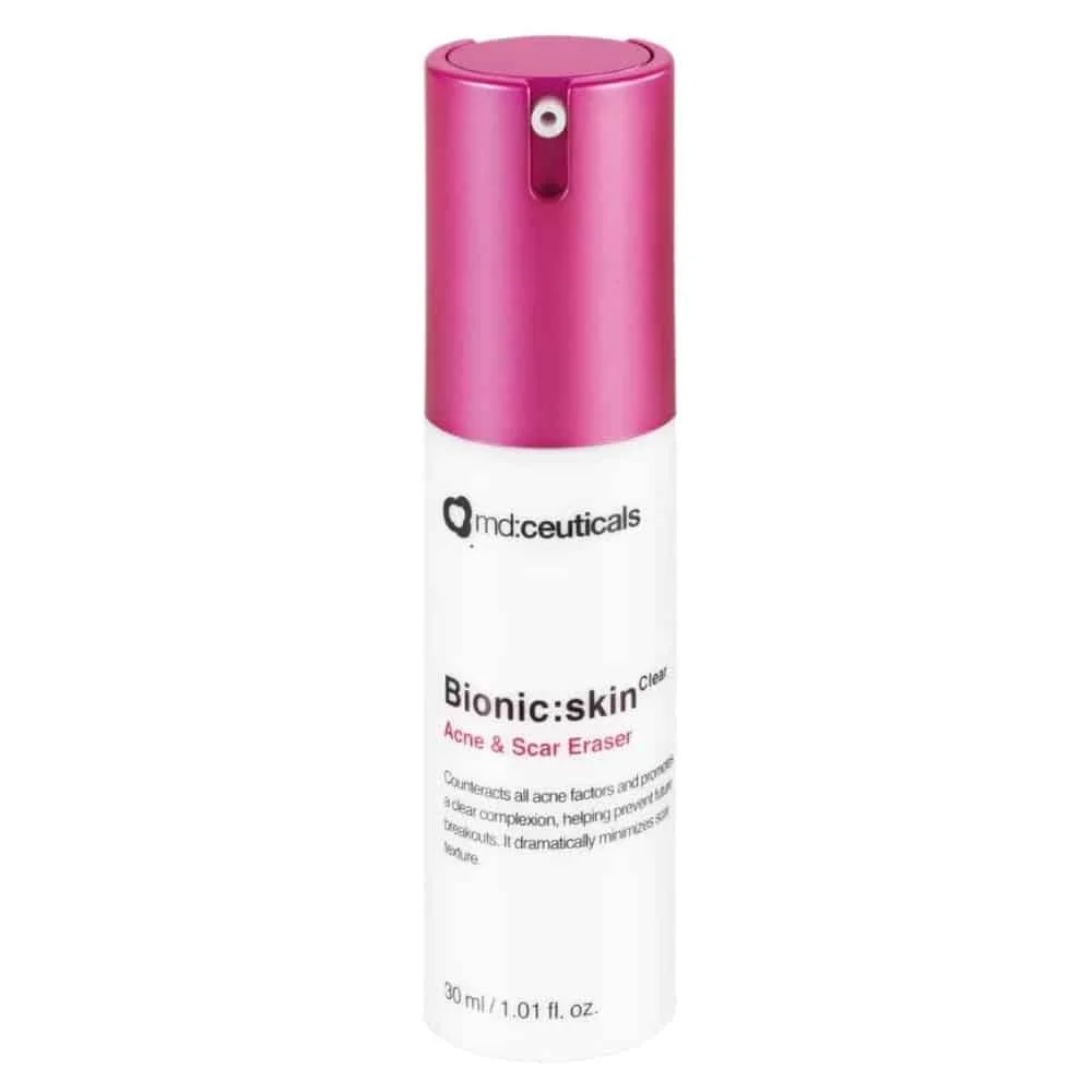 md-ceuticals-bionic-skin-clear-soin-acne-et-cicatrices-30ml.jpg Flacon airless blanc à capuchon rose md:ceuticals Bionic:skin Clear 30 ml