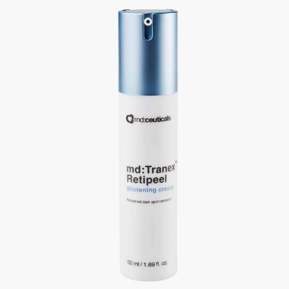md-ceuticals-tranex-retipeel-creme-blanchissante-50ml.jpg Flacon airless blanc à capuchon bleu md:ceuticals md:Tranex Retipeel 50 ml