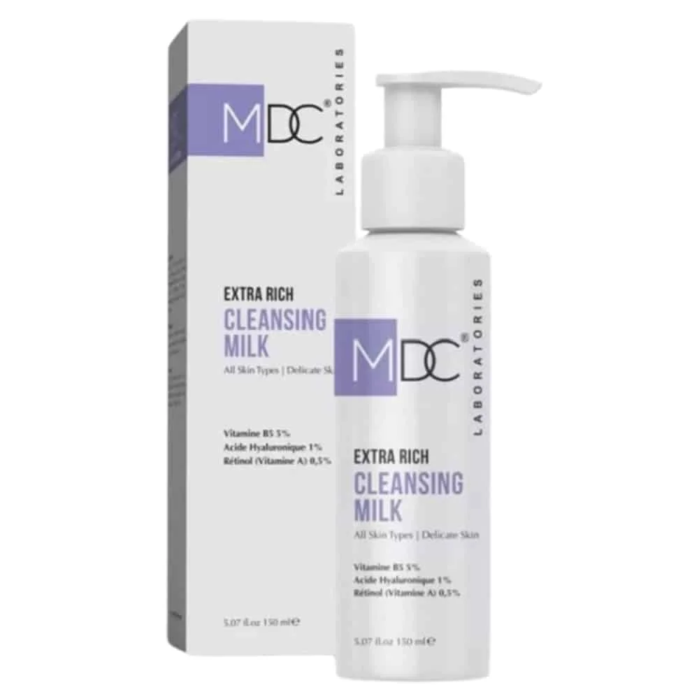 mdc-extra-rich-lait-nettoyant-150ml.jpg Flacon pompe et étui lilas MDC Extra Rich Cleansing Milk 150 ml