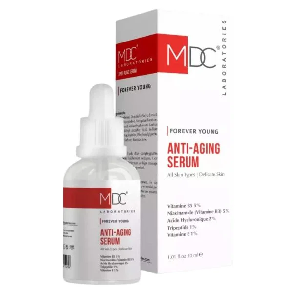 Flacon compte-gouttes et étui MDC Forever Young Anti-Aging Serum 30 ml