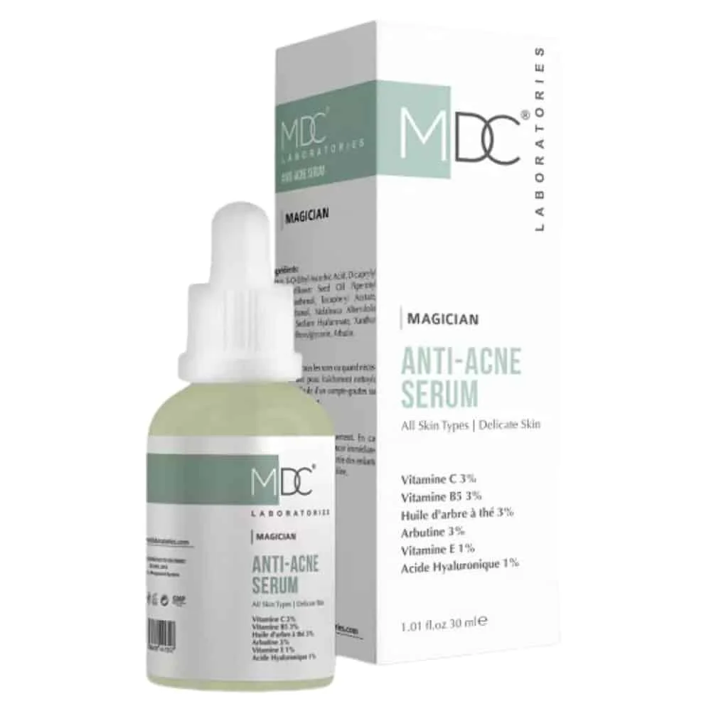 mdc-magician-serum-anti-acne-30ml.jpg Flacon compte-gouttes et étui vert MDC Magician Anti-Acne Serum 30 ml