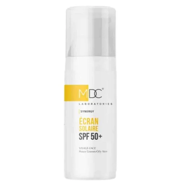 Flacon pompe blanc MDC Synergy ecran solaire SPF 50+ peaux grasses visage