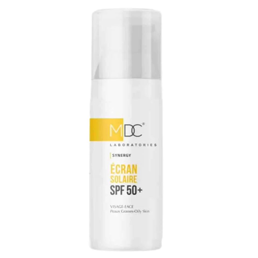 mdc-synergy-ecran-solaire-peau-grasse-spf50-50ml.jpg Flacon pompe blanc MDC Synergy ecran solaire SPF 50+ peaux grasses visage