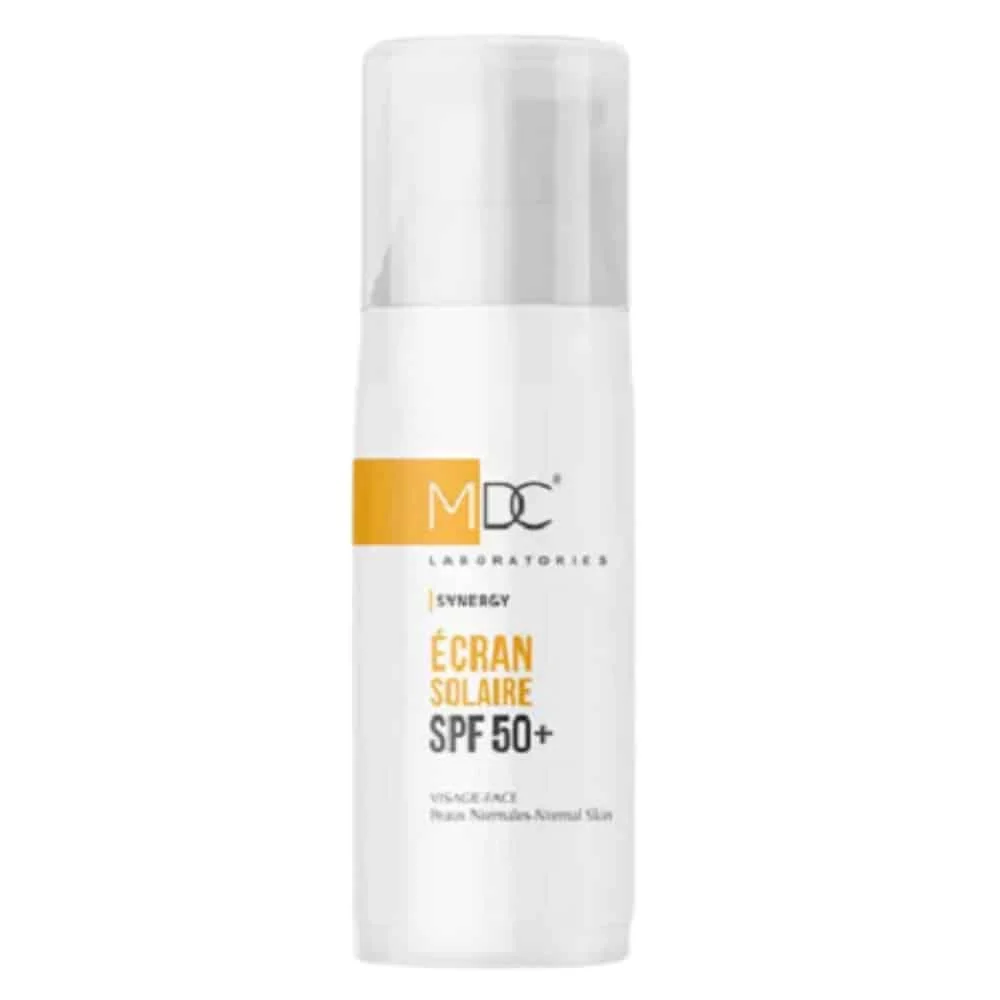 mdc-synergy-ecran-solaire-peau-normale-spf50-50ml.jpg Flacon pompe blanc MDC Synergy ecran solaire SPF 50+ peaux normales visage