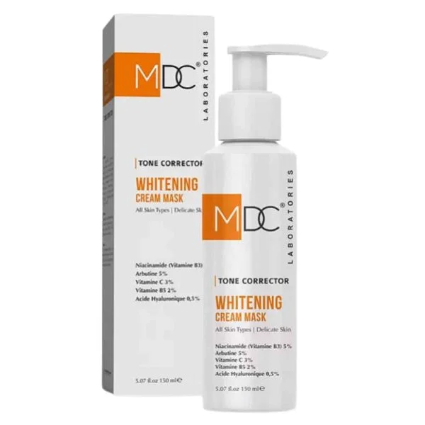 Flacon pompe blanc et etui orange MDC Tone Corrector masque-creme eclaircissant 150 ml