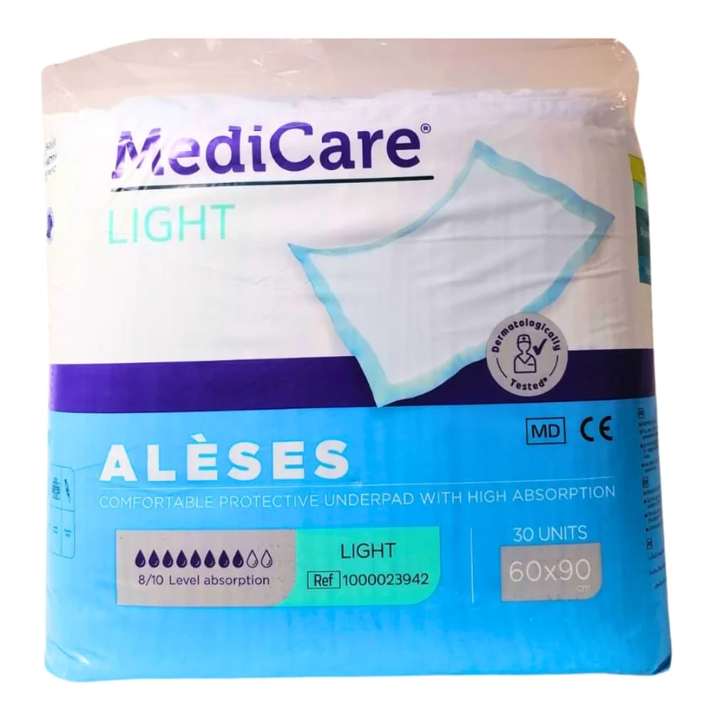 medicare-light-aleses-de-lit-incontinence-urinaire-adultes-60x90cm-30u.jpg Paquet MediCare Light alèses de lit 60x90 cm, 30 unités, absorption 8/10