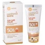 Tube doré et étui Panthenol Extra Sun Care Color SPF 50 teinté 50 ml