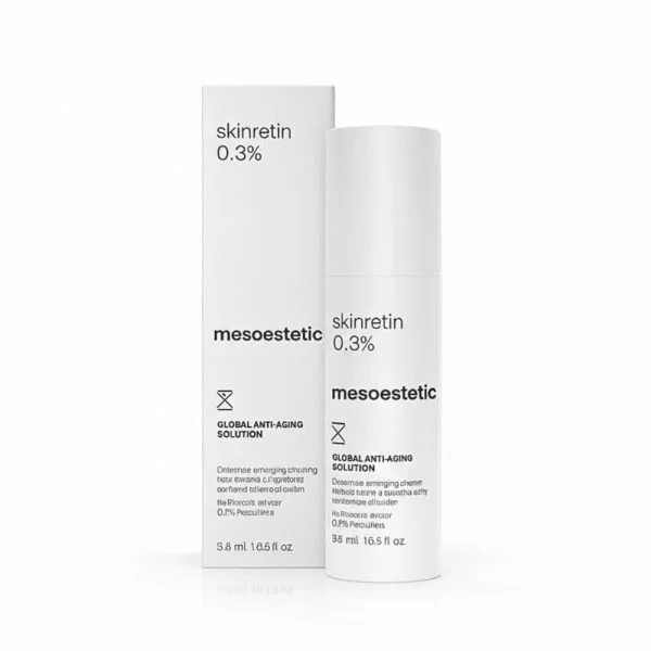 Flacon pompe et étui blancs skinretin 0,3 % mesoestetic, soin visage