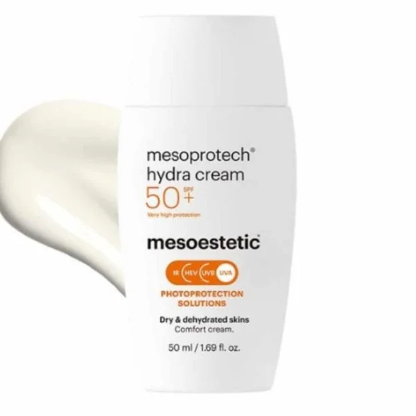 Flacon blanc mesoprotech hydra cream SPF50+ mesoestetic 50 ml, texture crème
