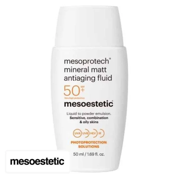 Flacon blanc mesoprotech mineral matt antiaging fluid SPF50+ mesoestetic 50 ml