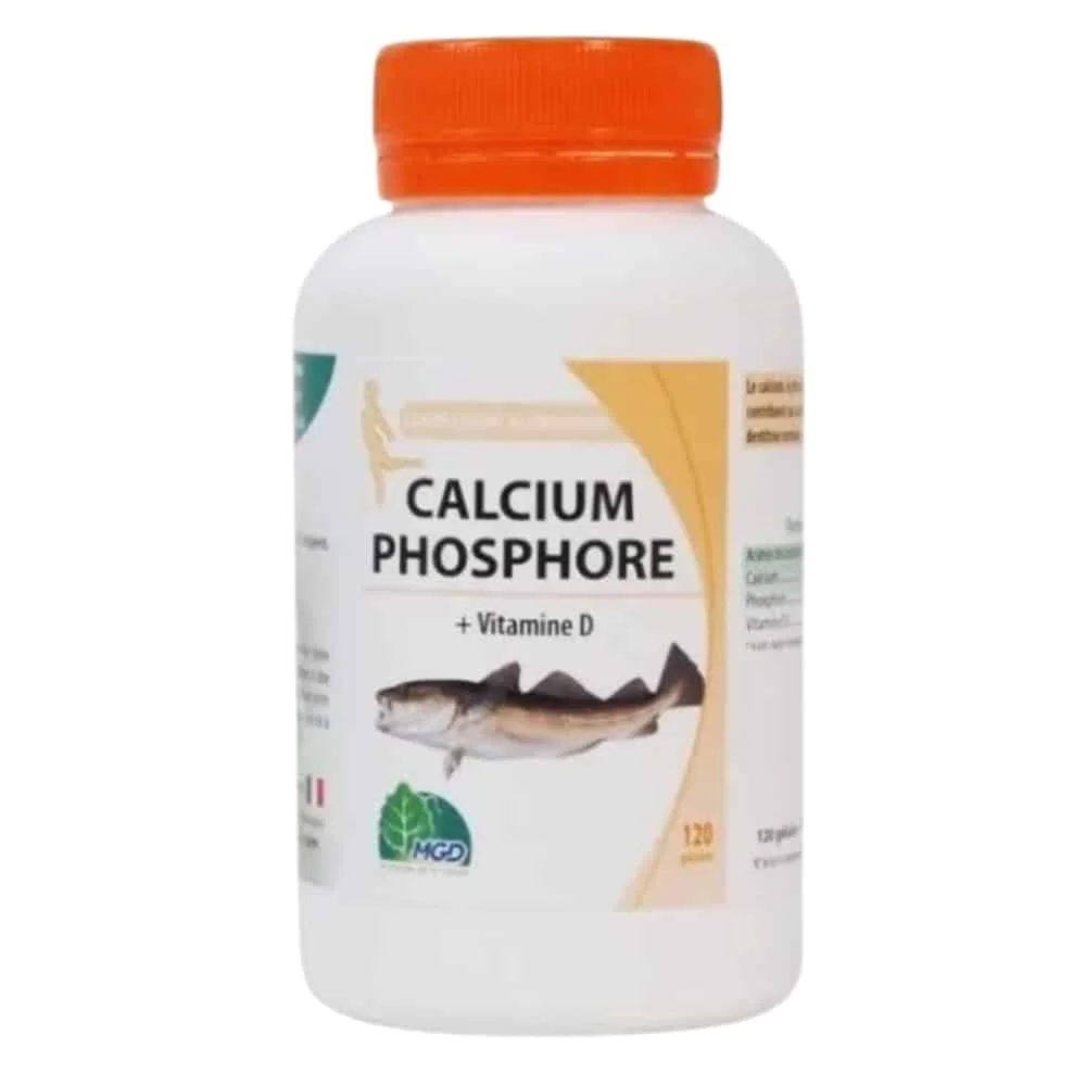 mgd-calcium-phosphore-vita-d-120-gelules.jpg Flacon blanc MGD Calcium Phosphore vitamine D 120 gélules bouchon orange