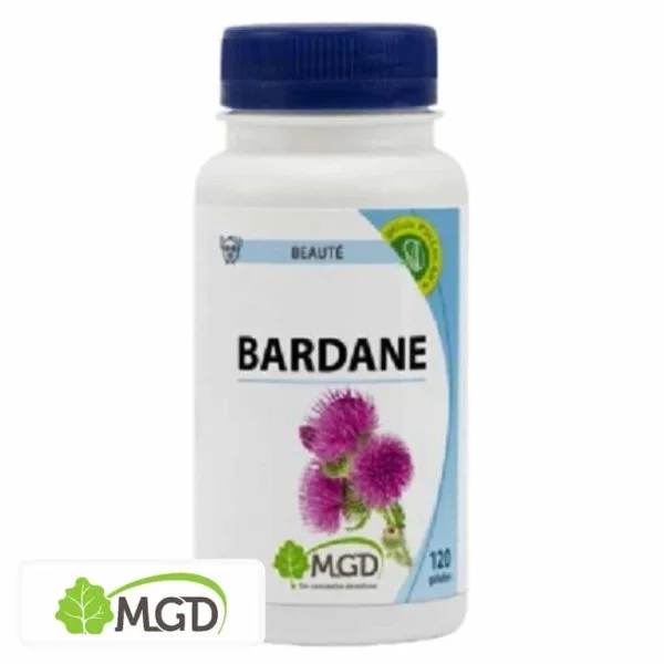 Flacon MGD Bardane 120 gélules, fleurs de bardane violettes, bouchon bleu