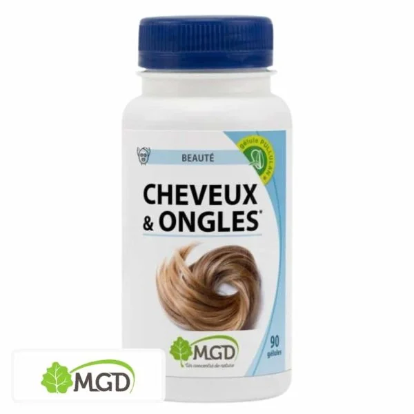 Flacon MGD Cheveux & Ongles 90 gélules, mèche de cheveux, bouchon bleu