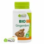Flacon blanc MGD Nature Bio Gingembre, bouchon vert clair, rhizome illustré