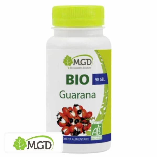Flacon blanc MGD Nature Bio Guarana, bouchon vert, fruits rouges illustrés
