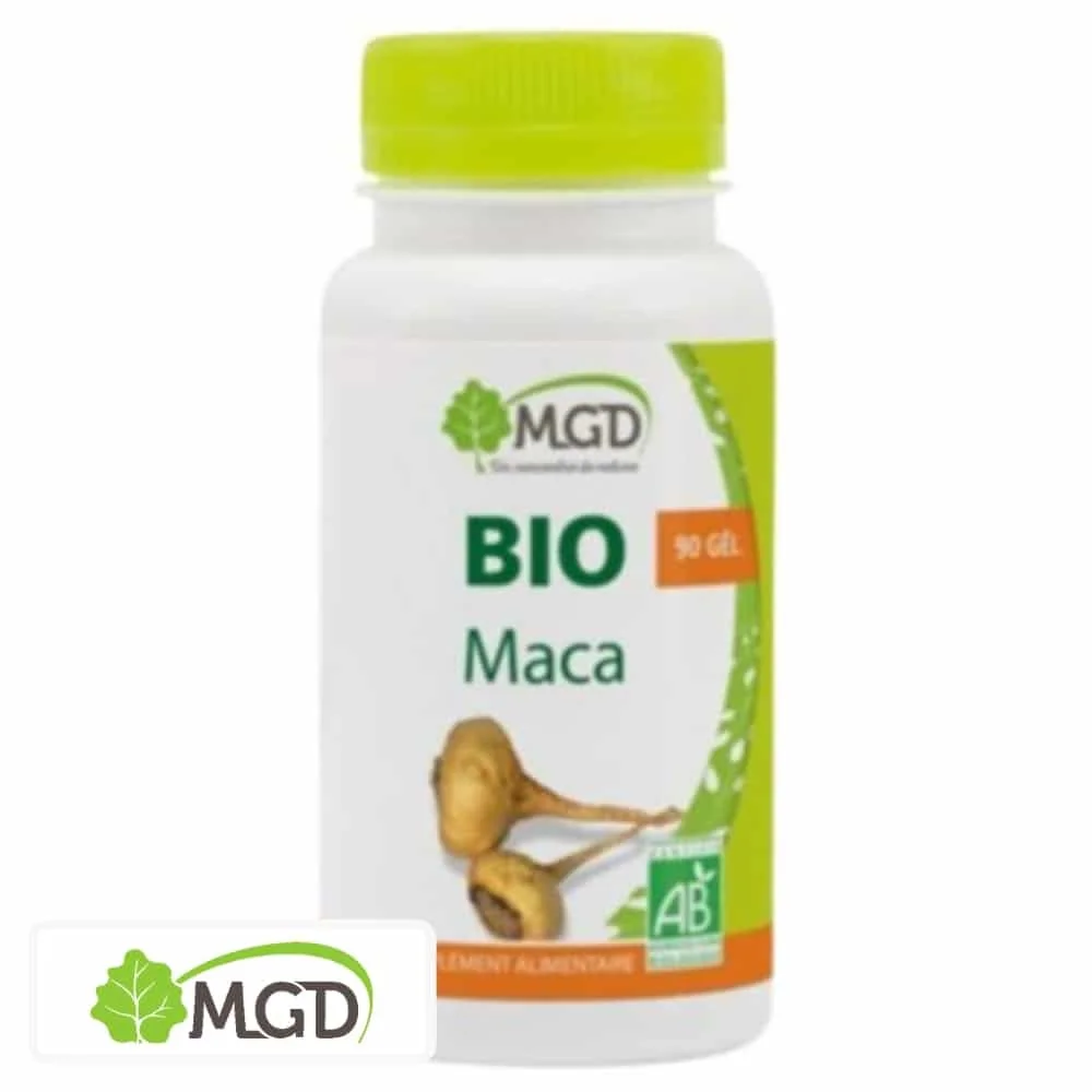 mgd-nature-bio-maca-90-gelules.jpg Flacon blanc MGD Nature Bio Maca, bouchon vert clair, racines de maca
