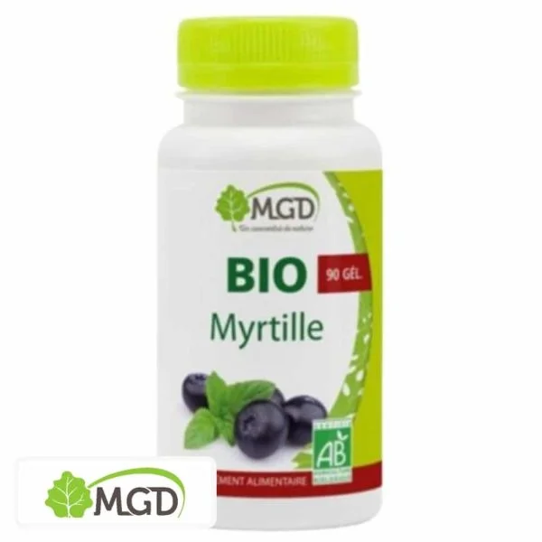 Flacon MGD Bio Myrtille 90 gélules avec myrtilles et logo AB