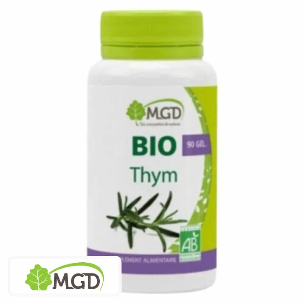 mgd-nature-bio-thym-90-gelules.jpg Flacon MGD Nature Bio Thym 90 gélules, brins de thym illustrés