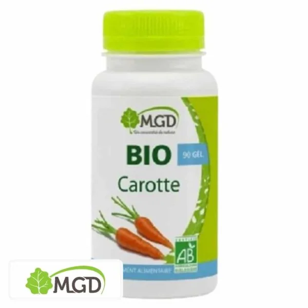 Flacon MGD Carotte Bio 90 gélules, carottes fraîches, bouchon vert clair