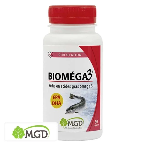Flacon MGD Bioméga3 90 capsules, saumon bondissant, mentions EPA et DHA