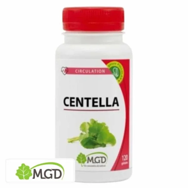 Flacon MGD Centella 120 gélules, feuilles vertes de centella, bouchon rouge