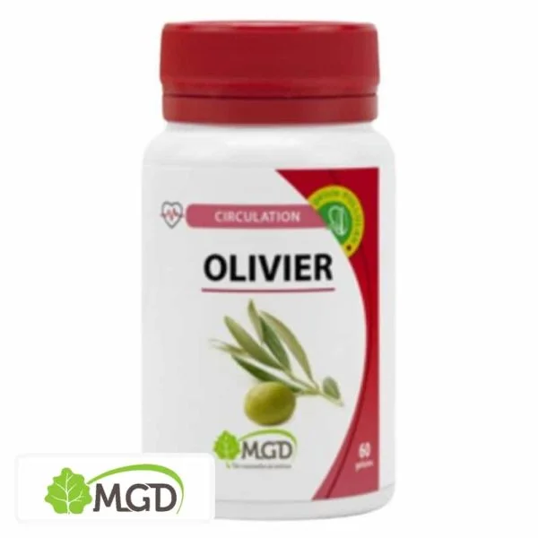 Flacon MGD Olivier 60 gélules, olive verte et feuilles, bouchon rouge